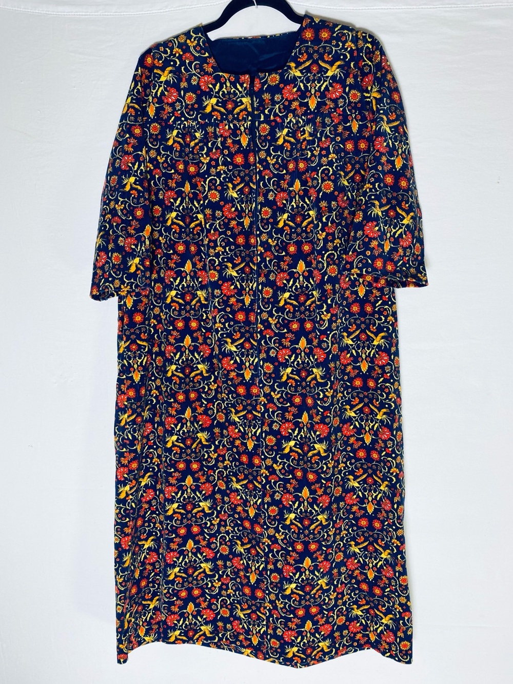 Vintage Handmade Navy Orange Floral Corduroy 3/4 Zip House Dress M